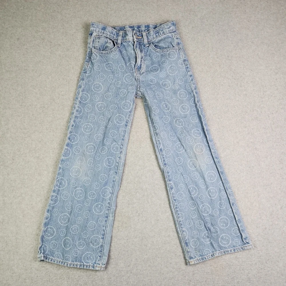 Old Navy Jeans Girls 10 Blue Smiley Face High Rise Built-In Tough Baggy Wide Leg